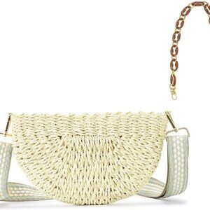 Semicircle Handmade Straw Crossbody Bag for Women, Summer Chic Woven Handbag Sho